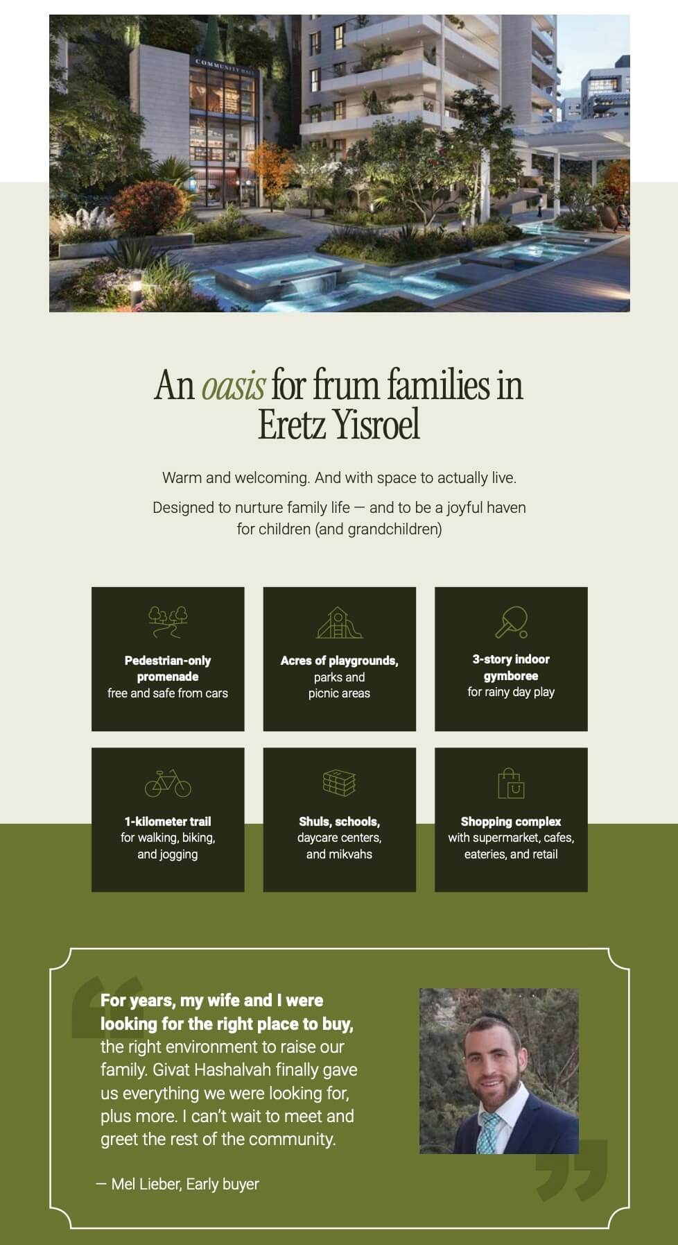 An oasis for frum families in Eretz Yisroel section image